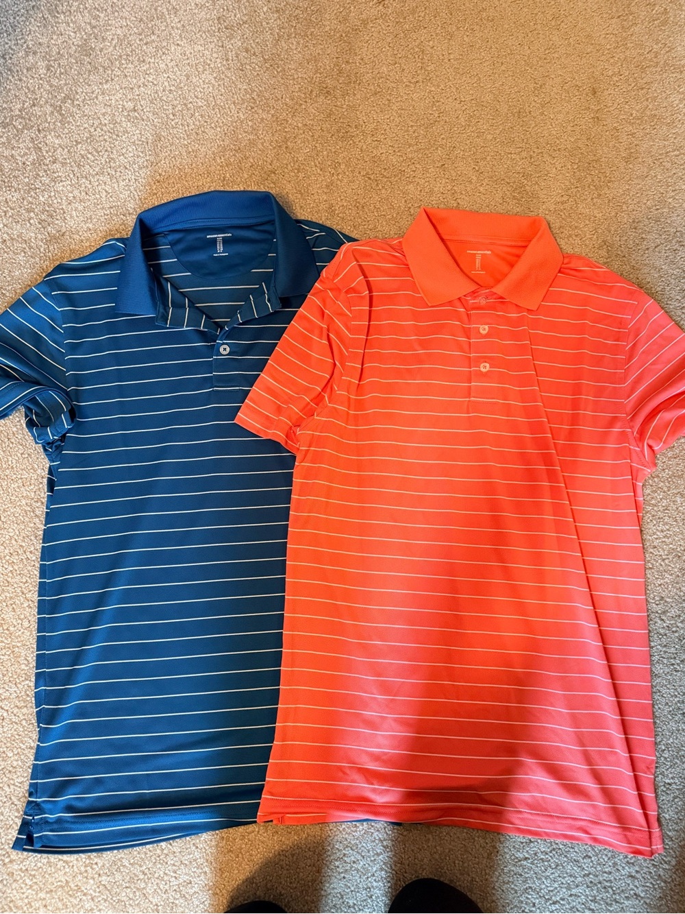 Amazon Essentials Men's Blue and Coral Striped Polo Shirts